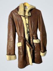 Brown Leather Shearling Coat with Belt