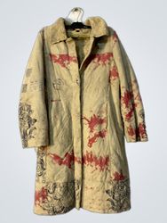 Tan Trench Coat with Red and Black Graphic Print