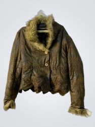 Brown Faux Leather Jacket with Fur Trim