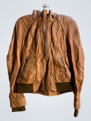 Brown Leather Bomber Jacket with Hood