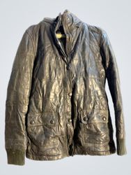 Dark Quilted Leather Jacket with Fur Hood