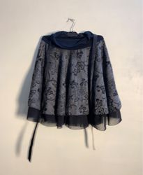 Black and Gray Floral Print Cape with Sheer Overla..