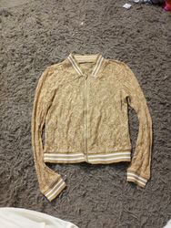 Jacket bomber in pizzo beige con strisce bianche