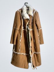 Brown Faux Suede Coat with White Faux Fur Trim