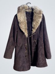 Brown Faux Suede Duffle Coat with Fur Collar