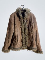 Brown faux fur trim jacket with toggle buttons