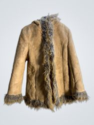 Tan Faux Suede Hooded Jacket with Faux Fur Trim