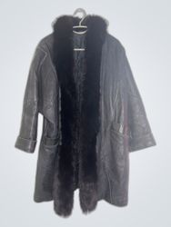 Michel Roba Black Leather Coat with Fur Trim