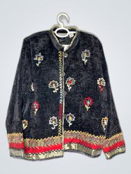 Flashback Embroidered Black Velvet Cardigan
