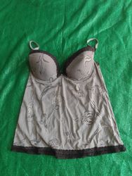 Gray Babydoll with Floral Embroidery and Lace Trim