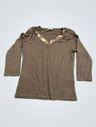 Brown Long-Sleeve Top with Sequined Neckline