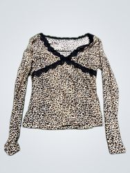 Leopard Print Lace Trim Long Sleeve Blouse