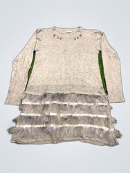 Gray Long-Sleeve Dress with Fur Accents