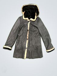 Black Leather Hooded Jacket with Fur Trim