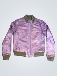 Trafaluc Purple Leather Bomber Jacket with Green a..