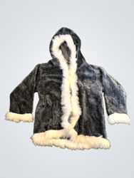 Grey Faux Fur Hooded Jacket with White Trim