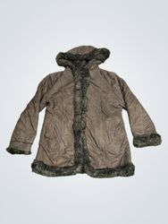 Black hooded coat with fur trim