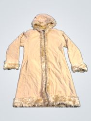 Miss Shilly Women's Beige Faux Fur Trim Hooded Coa..