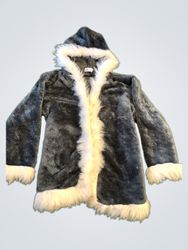 Gray Faux Fur Hooded Jacket with White Trim