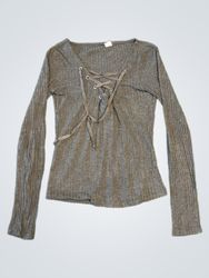 Grey Ribbed Lace-Up Long Sleeve Top