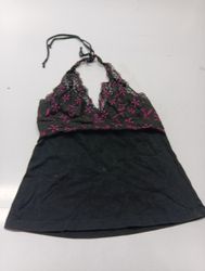 Bebe Black Halter Top with Pink Floral Lace Trim