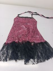 Pink Leopard Print Halter Dress with Black Lace Tr..