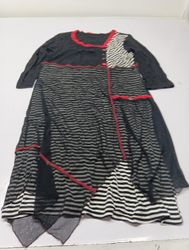 Black and White Striped Dress with Red Accents