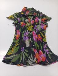 Black Floral Print Pleated Short Sleeve Blouse