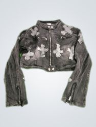 Gray Denim Jacket with Crosses