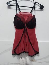 La Senza Red Babydoll Lingerie with Black Lace Tri..