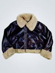 Brown Leather Bomber Jacket with Shearling Collar ..