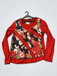 Vargo Rotes Floral Pailletten Langarmshirt
