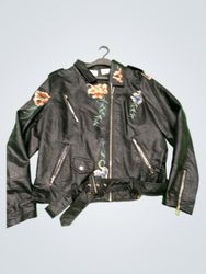 Black Leather Motorcycle Jacket with Floral Embroi..