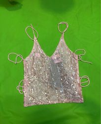 Upcycled Pink Sequin Tank Top with Tie Straps