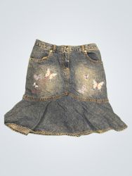 X-Mail Denim Skirt with Butterfly Appliqués