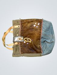 Denim and Canvas Tote Bag with Embellishments
