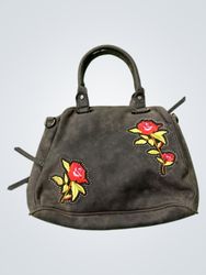 Dark Gray Handbag with Rose Embroidery