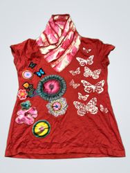 Red T-shirt with Butterflies and Floral Appliques