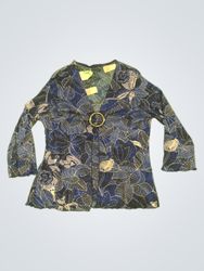 Blue floral print long sleeve top with gold ring d..