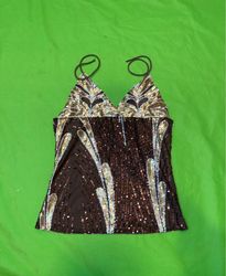 Upcycled Brown sequined camisole with decorative f..