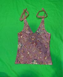 Upcycled Pink sequined floral tank top with tie st..