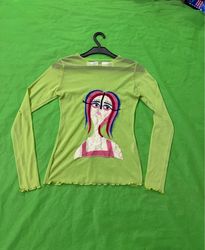 Upcycled Lime Green Mesh Long Sleeve Top with Grap..