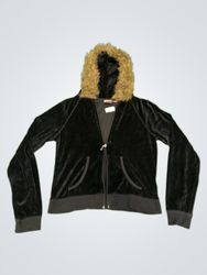 Upcycled Juicy Couture Black Velour Fur Hood Zip-U..