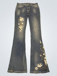 Upcycled Blue Flare Jeans with Floral Embroidery