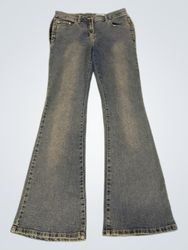 Upcycled Women's Blue Flare Jeans with Cross Embel..