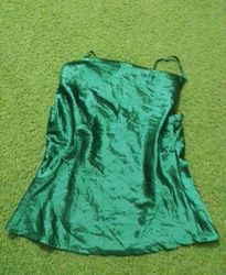 Green satin slip dress with lace trim
