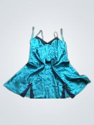 Teal satin slip dress with black lace trim