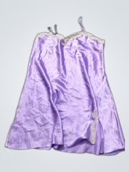 Purple satin slip dress with lace trim