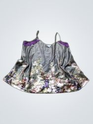 Gray floral camisole with purple lace trim