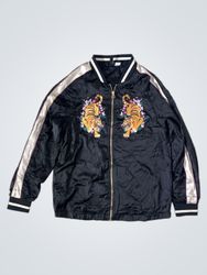 Black Bomber Jacket with Tiger Embroidery